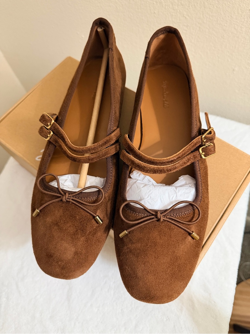 MADEWELL GRETA BOW DOUBLE-STRAP BALLET FLAT IN SUEDE - Soft Mahogany in Size 8 - Picture 1 of 12